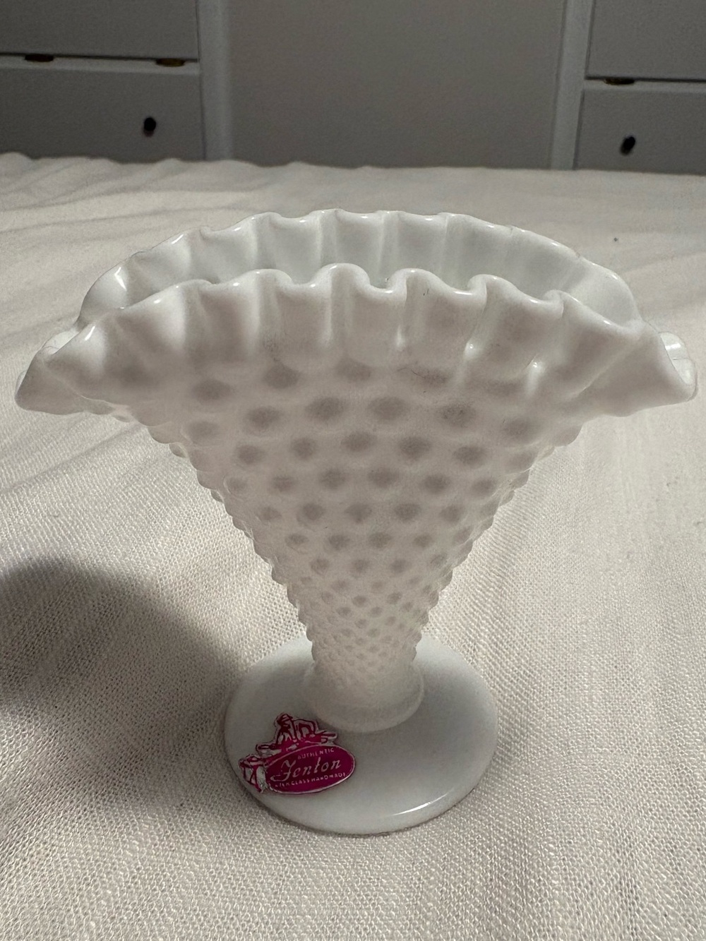 Vintage Fenton White Hobnail Milk Glass Fan 4in Vase Ruffles
